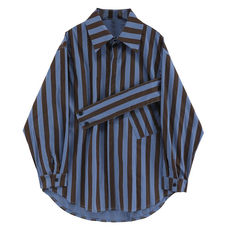 Embroidery Online - 비대칭 개성 있는 한국 스트라이프 셔츠,