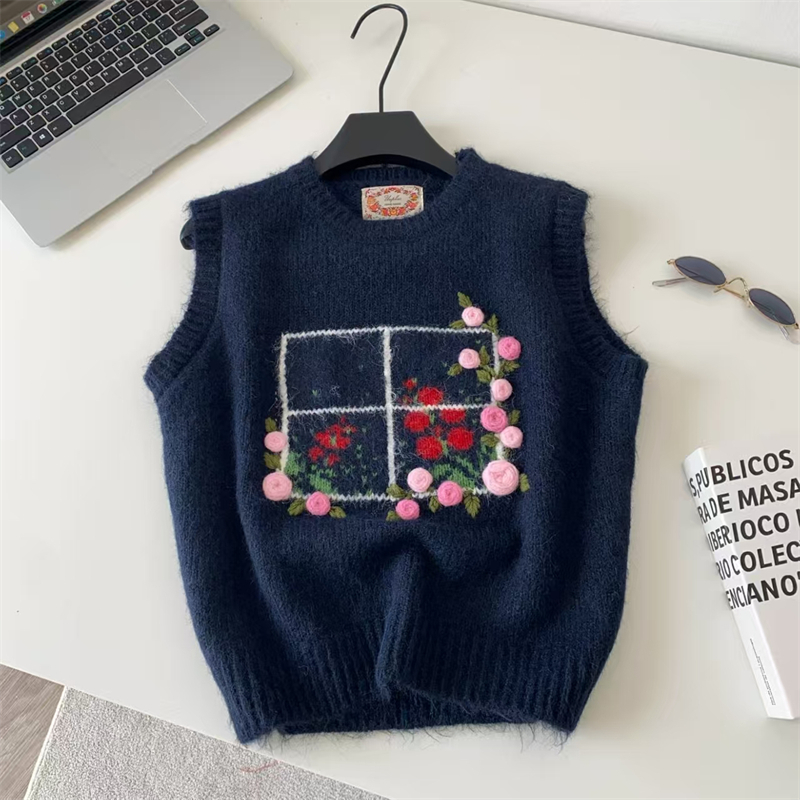 여성용 3D 수제 장미 자수 니트 조끼, O넥, 창문  - Embroidery Rose 리뷰 및 가격