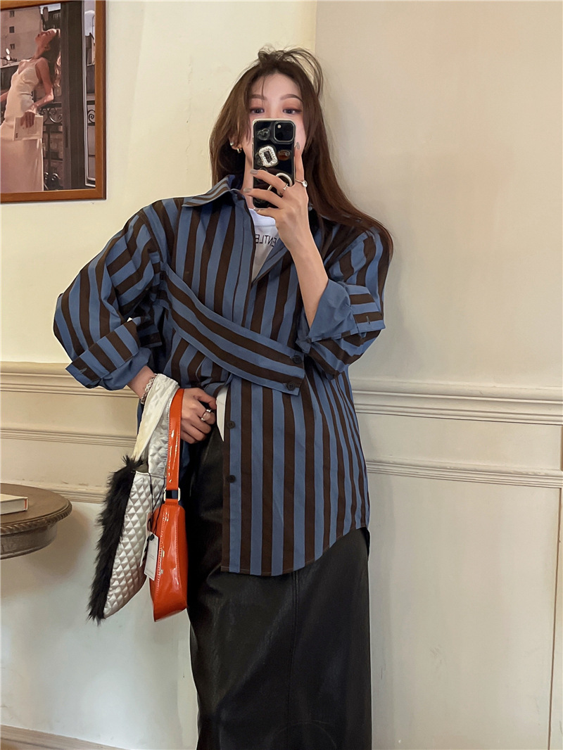 비대칭 개성 있는 한국 스트라이프 셔츠, 캐쥬얼 및 패 - Embroidery Online 리뷰 및 가격