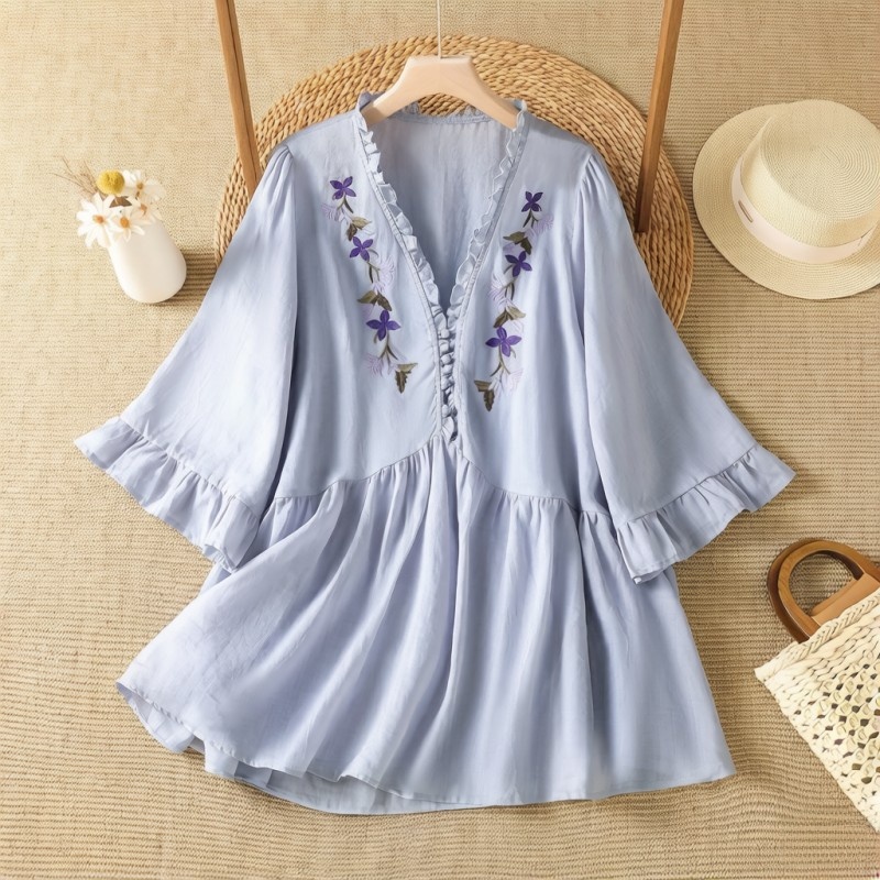 우아한 보라색 꽃자수 코튼 린넨 셔츠, 부드러운 주름  - Embroidery Cotton Shirt 리뷰 및 가격