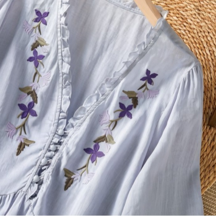 우아한 보라색 꽃자수 코튼 린넨 셔츠, 부드러운 주름  - Embroidery Cotton Shirt 리뷰 및 가격